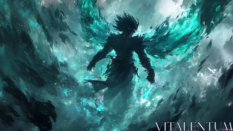 Silhouetted figure within teal energy and abstract motion.