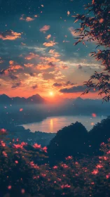 Twilight embers drift above a spellbound lakeside sunset.
