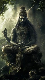 Meditating robed figure with ornaments in forest setting.