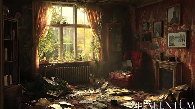 Sunlit abandoned parlor gently reclaimed by quiet greenery.