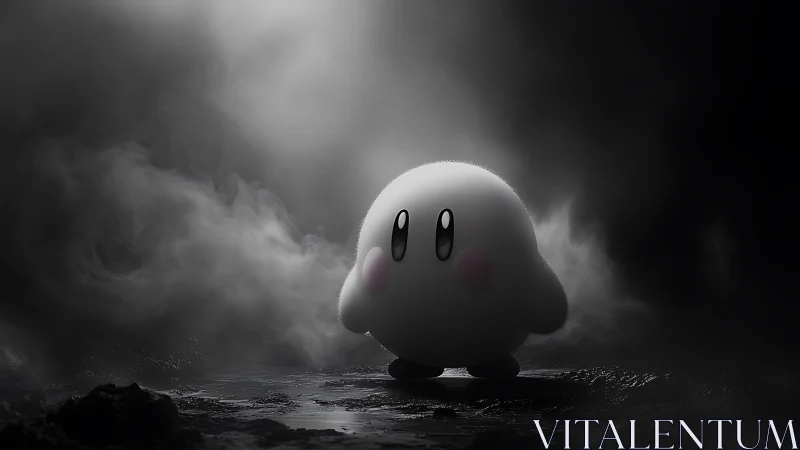 Round cartoon character stands in dramatic smoky lighting