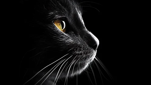 Black Cat with Golden Eyes in Profile Against Dark Background