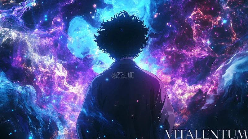 Silhouetted figure before luminous cosmic nebula field.