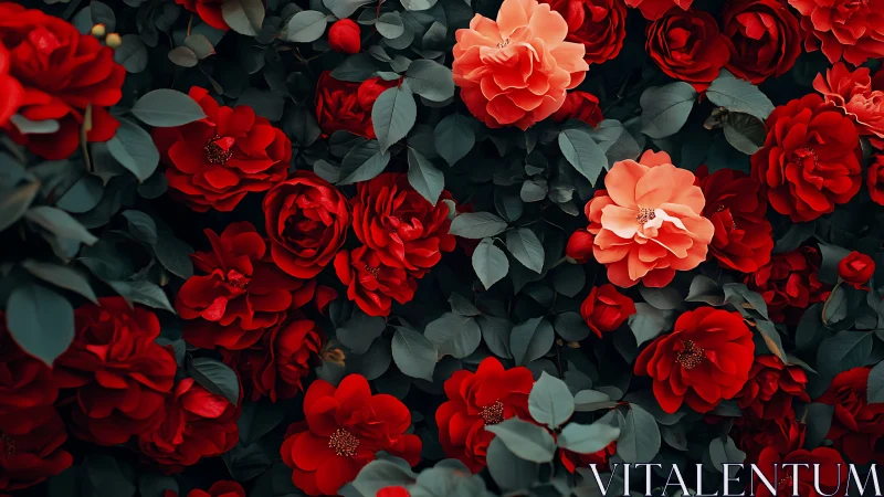 Red roses with coral blooms and dark foliage.
