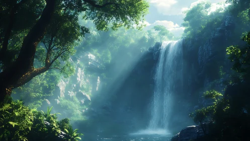 Luminous Waterfall Cascading Through Dense Forest Canopy