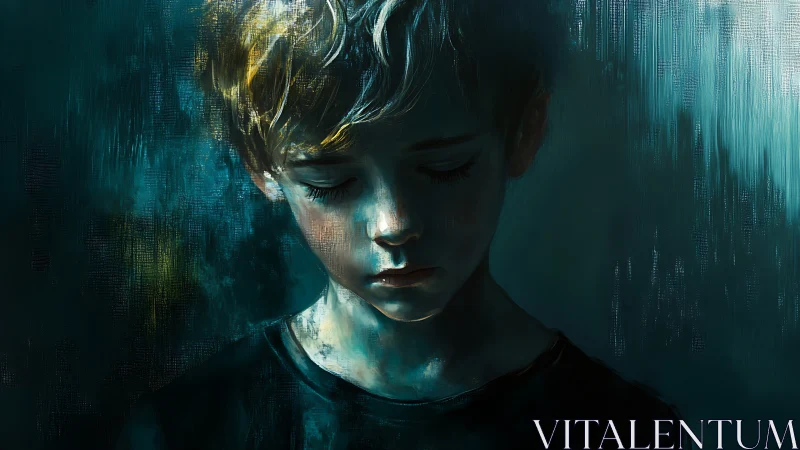 Solitary young boy in dim blue light, head lowered in shadow.