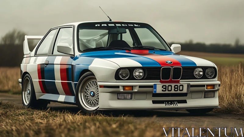 Classic white coupe with tri-color racing livery on rural road.