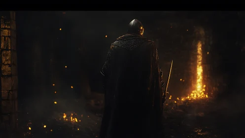 Lone armored knight faces a burning passage in dim ruins