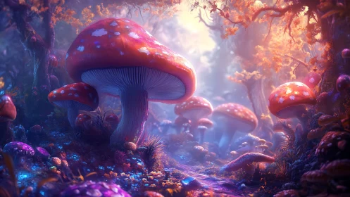 Luminous red mushrooms dominate a glowing fantasy forest.