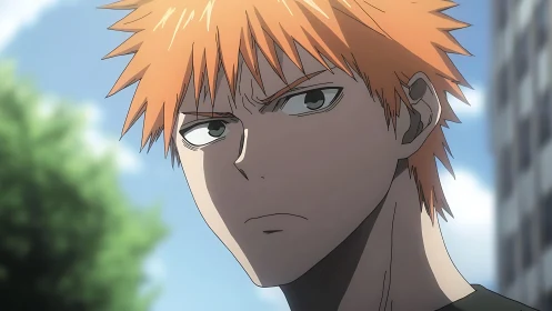 Orange-haired anime rebel studies the city with stormy calm.