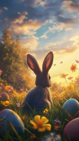 Rabbit in wildflower meadow with decorated eggs at sunset.