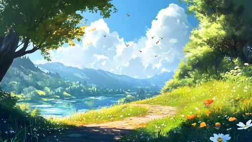 Sunlit lakeside path with distant mountains and cloud layer.