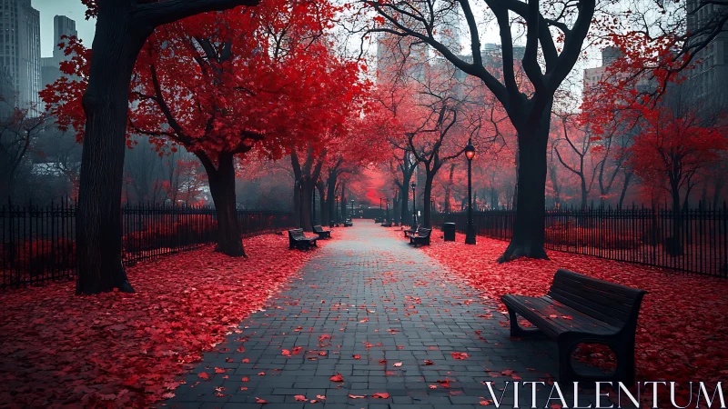 Scarlet autumn park path glows through a quiet city evening