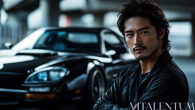 Confident driver stands before sleek black sports car at dusk