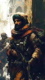 Battle-hardened soldier advances through narrow war-torn alley.