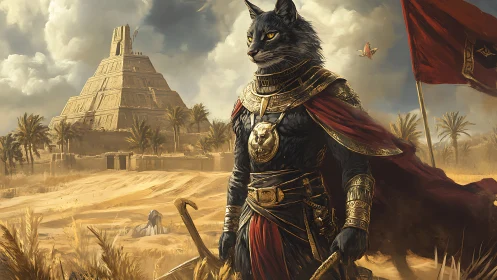 Feline warlord stands before desert ziggurat under banners.