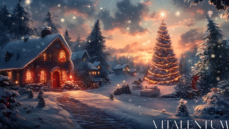 Snowy village cottage with large glowing Christmas tree.