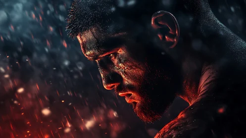 Warrior profile burns against rain-soaked neon storm.