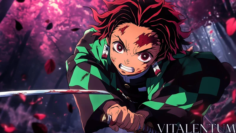Determined anime swordsman lunges through crimson petals.