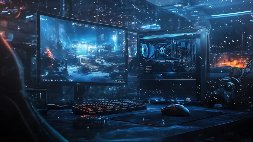 Immersive RGB gaming battlestation in neon blue glow.