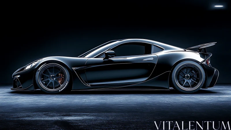 Side profile of black high-performance sports car at night.