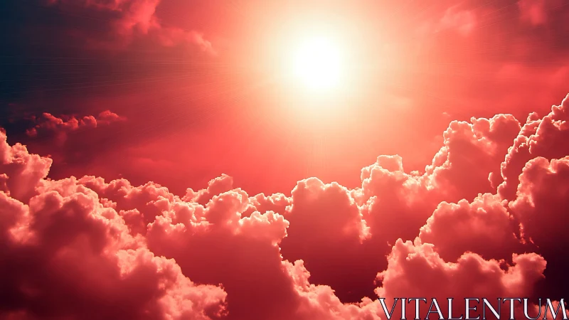 High-contrast red sky with volumetric cumulus clouds and intense sun