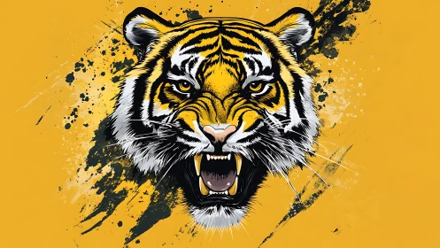 Tiger head illustration with open jaws on yellow field.