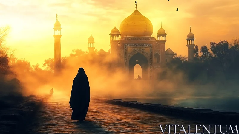 Veiled figure crossing misted path to golden sunrise shrine.