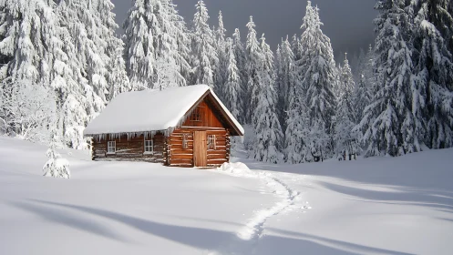 Silent timber cabin cradled in deep, untouched winter snow.