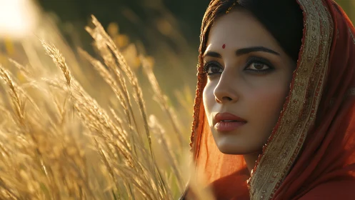 Sunlit gaze of a veiled woman in golden harvest fields.