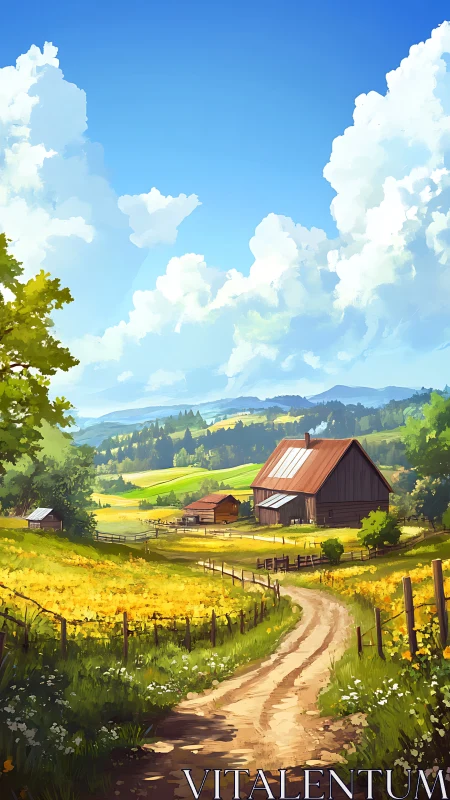 Rural farmstead stands under towering clouds and blue sky