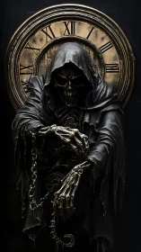 Grim reaper before a weathered clock of midnight secrets.
