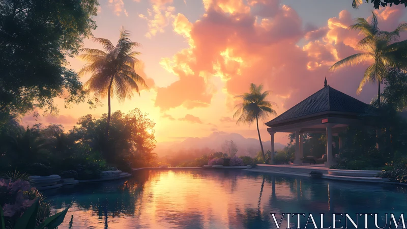 Tropical infinity pool glows under a dreamy sunset sky.