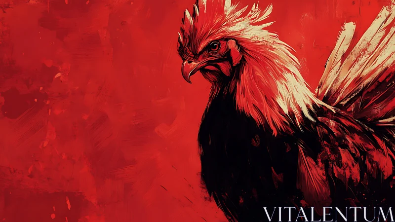 Expressive digital painting of a rooster on red ground.