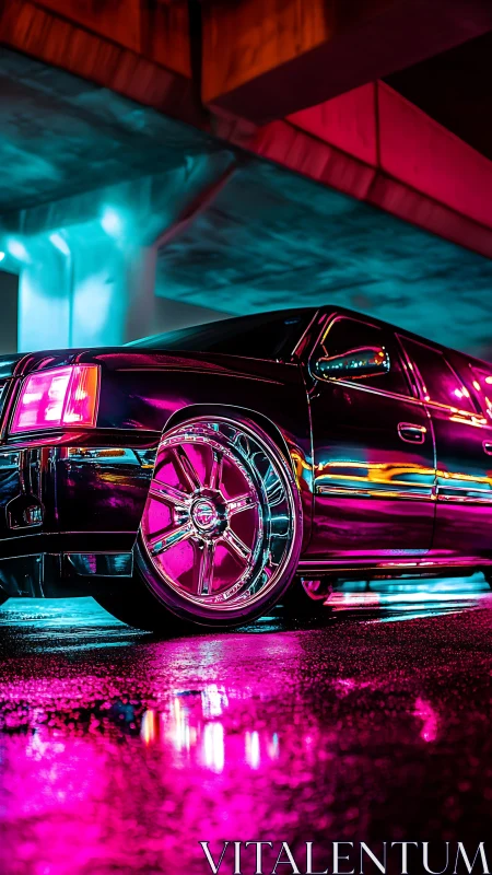 Neon-lit luxury sedan underpass scene emphasizes chrome reflections