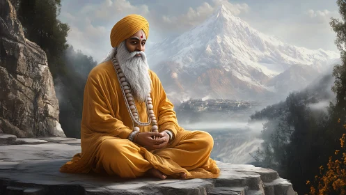 Mountain sage in golden robes meditating beside misty lake.