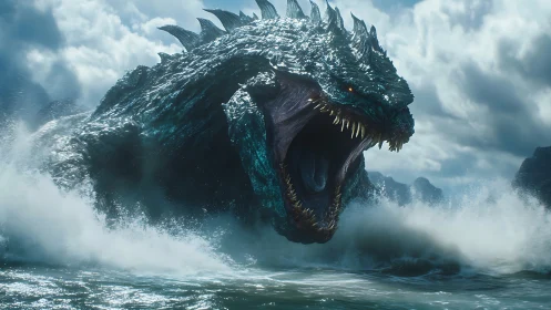 Ocean titan rises roaring from stormy waves in awe.