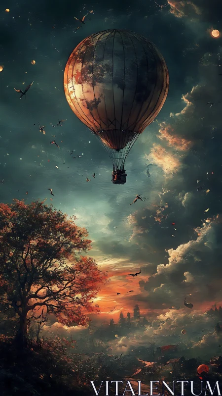 Hot air balloon over twilight landscape with distant town.