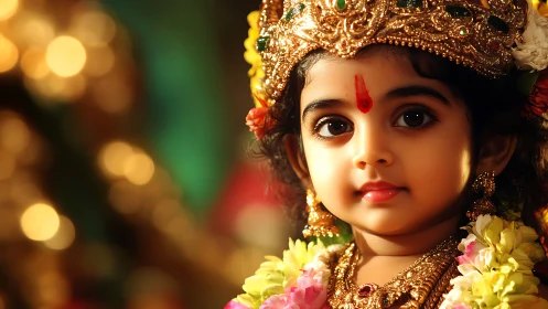Divine child portrait in ornate gold temple lighting.