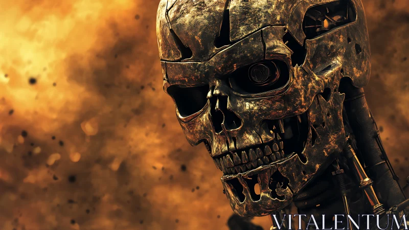 Cybernetic endoskeleton portrait with corroded cranial plating.