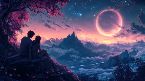 Ethereal Couple Contemplating Luminous Moon Above Surreal Mountain Landscape