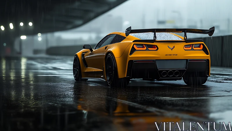 Photorealistic rear three-quarter of yellow supercar in rain.