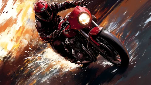 Red sport motorcycle leans into rain soaked turn with fierce speed