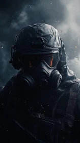 Tactical operator in gas mask amid burning smoke field.