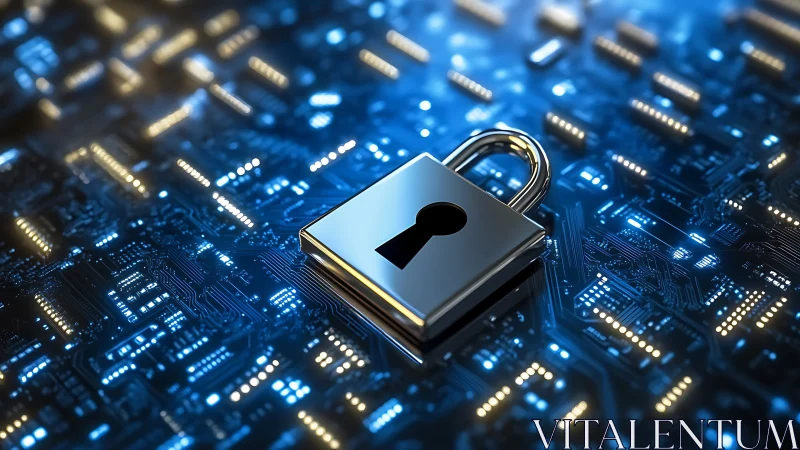 Cybersecurity lock icon over glowing blue circuit board.