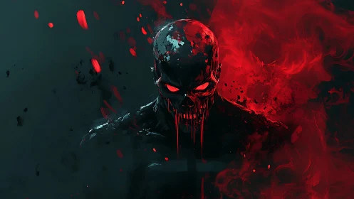 Digital skull figure emerges from red particle and smoke field