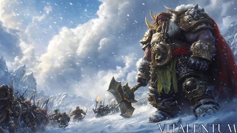 Storm-forged warlord pauses as his frostbitten horde advances