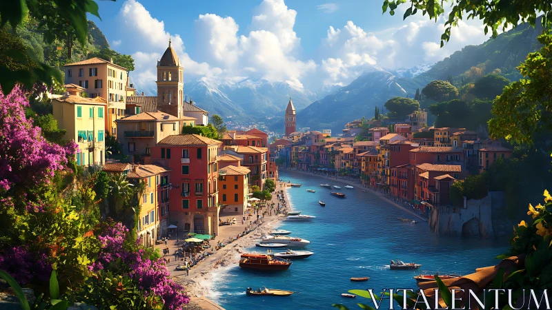 Sunlit Italian harbor town with boats and alpine backdrop.