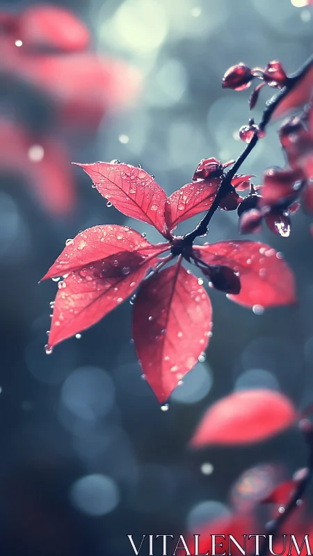 Red leaves with raindrops against defocused cool background.