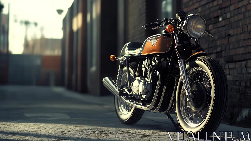 Sunlit cafe racer waits in a quiet brickwork alleyway corridor.